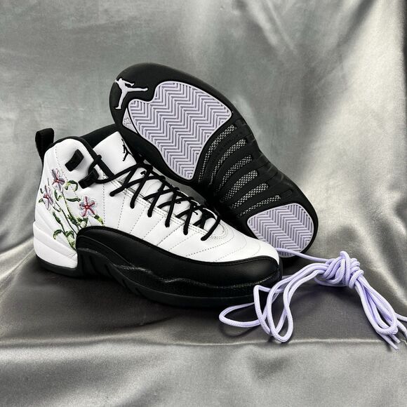 Nike Air Jordan 12 Retro GS Floral Shoes 6.5Y Women's 8.5 Black White DR6956-100